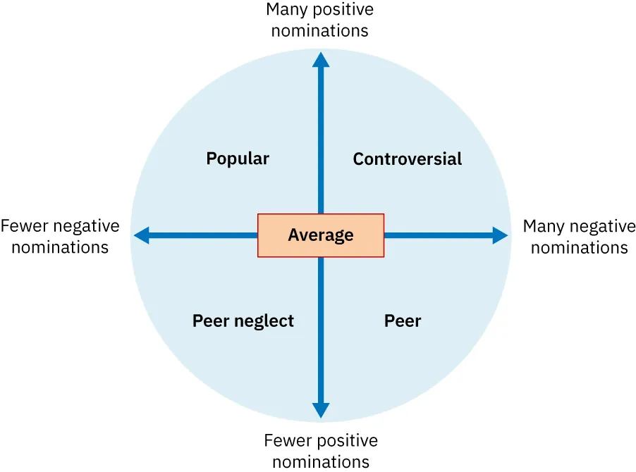 Table: Fewer negative nominations/Fewer positive nominations – Peer neglect; Fewer negative nominations/Many positive nominations – Popular; Many negative nominations/Fewer negative nominations – Peer rejection; Many negative nominations/Many positive nominations – Controversial. Average in middle of chart.