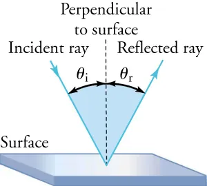 A smooth, flat reflective surface is shown. A dotted line drops from the top of the figure and ends when it reaches the smooth surface. This line is perpendicular to the surface; there is a 90° angle between the surface and the perpendicular line. To the left of the perpendicular line, a ray (called an “incident ray” strikes the surface at a 45° angle. This ray—the “reflective ray”—is reflected off the surface to the right of the perpendicular line, again at a 45° angle. The angle between the incident ray and the perpendicular line is θi; the angle between the perpendicular line and the reflected ray is θr.