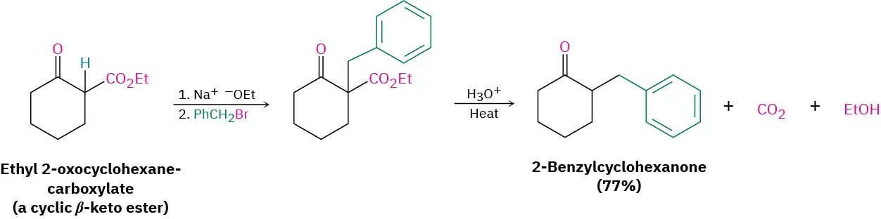 Ethyl 2-oxocyclohexanecarboxylate reacts with sodium ethoxide in first step and benzyl bromide in second step to yield an intermediate which, when heated in acid yields 2-benzylcyclohexanone.