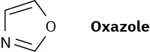 The structure of oxazole, a five membered ring with oxygen and nitrogen atoms separated by one carbon. There are double bonds between the adjacent carbons, and between carbon and nitrogen.