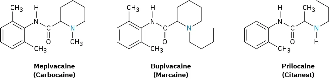 The bond-line structures of Mepivacaine (Carbocaine), Bupivacaine (Marcaine), and Prilocaine (Citanest).