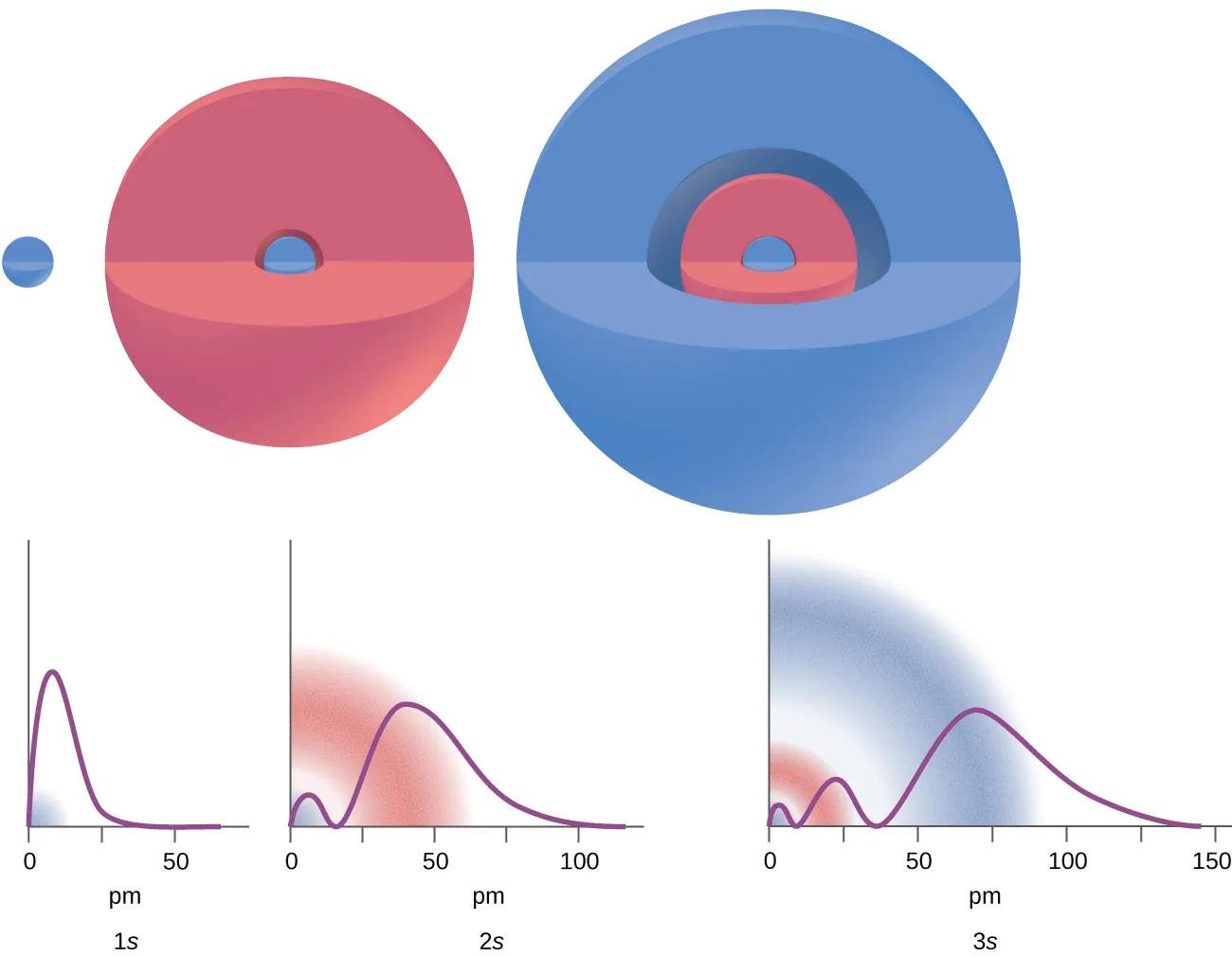 Esta figura muestra imágenes y gráficos para ilustrar la probabilidad de encontrar un electrón en orbitales de 1 s, 2 s y 3 s en función de la distancia al núcleo. El orbital de 1 s se muestra como una esfera a la que le falta un trozo. Debajo de ella se marca un gráfico en su eje horizontal a 0 y 50 p m. La curva relacionada alcanza rápidamente una altura máxima y desciende rápidamente. La etiqueta "1 s" aparece debajo del gráfico. El orbital de 2 s se muestra como una esfera roja con un centro azul. Falta un trozo de la esfera. En su eje horizontal se marca un gráfico a 0, 50 y 100 p m. La curva relacionada alcanza rápidamente una altura máxima relativa, una altura máxima absoluta significativamente mayor, y luego desciende rápidamente. Debajo aparece la etiqueta "2s". El orbital de 3 s es una esfera azul con una esfera roja y otra azul en su núcleo. En su eje horizontal se marca un gráfico a 0, 50, 100 y 150 p m. La curva relacionada alcanza rápidamente una altura máxima relativa, una segunda altura máxima relativa, un máximo absoluto significativamente mayor, y luego declina más gradualmente que lo ilustrado en los 2 gráficos anteriores. La etiqueta "3 s" aparece debajo del gráfico.