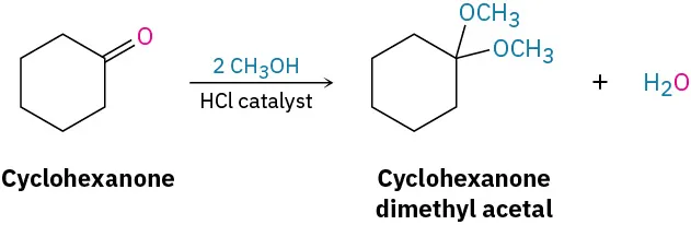 Cyclohexanone reacts with two equivalents of methanol and hydrochloric acid catalyst to form cyclohexanone dimethyl acetal and water.