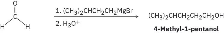 Formaldehyde reacts first with isopentylmagnesium bromide, then hydronium, to make 4-methyl-1-pentanol.