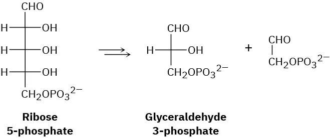 Ribose-5-phosphate reacts to form glyceraldehyde-3-phosphate and an aldehyde connected to a methylene linked to a phosphate group. Both structures are presented in Fischer projection.