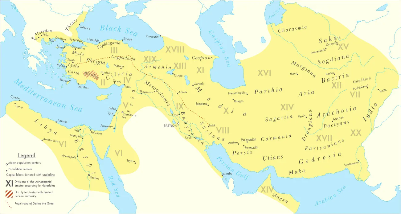 A map of the Middle East is shown with Greece and Turkey in the top left corner and the northeast corner of Africa at the bottom left. The Black Sea, the Caspian Sea, and the Aral Sea are shown in the north, the Mediterranean Sea is shown in the west, and the Red Sea, the Persian Gulf, and the Arabian Sea are shown in the south. The middle of the map is highlighted yellow. Throughout the map, in the highlighted yellow, regions are labeled. These areas are, from west to east: Macedon, Thrace, Mysia, Lydia, Caria, Paphlagonia, Phrygia, Cappadocia, Cilicia, Armenia, Caspians, Mesopotamia, Syria, Libya, Egypt, Babylonia, Susiana, Persis, Chorasmia, Sakas, Sogdiana, Parthia, Aria, Bactria, Gandhara, Sagartia, Arachosia, India, Carmania, Drangiana, Pactyans, Utians, Paricanians, Gedrosia, Maka, and Magan. Major population centers are labeled with a “ ° ” which include: Damascus, Thebes, and Babylon. “Population centers” are represented with a “ • “ and include: Aigai, Pella, Eion, Doriscus, Odessos, Byzantion, Dascylium, Sestos, Sardis, Mylasa, Rhodos, Xanthos, Herakleia, Ikonion, Sinope, Mazaca, Tarsos, Dioscurias, Issus, Thapsacus, Sidon, Tyre, Jerusalem, Pelusium, Sais, Memphis, Cyrene, Barca, Ammonium, Hermopolis, Tayma, Opis, Uruk, Gerrha, Tushpa, Arbela, Ganzak, Ecbatana, Susa, Cyropolis, Maracanda, Merv, Bactra, Hecalompylos, Rhages, Anshan, Pasargadee, Persepolis, Farah, Arachoti, Pushkalavati, Taxils, and Sindomana. The legend indicates that “Capital labels denoted with underline.” These include: Babylon, Ecbatana, Susa, Pasargadee, and Persepolis. “Divisions of the Achaemenid Empire according to Herodolus” are denoted with roman numerals from I to XX throughout the map, starting with I in the west and ending with XX in the east. Red striped lines are used to denote “Unruly territories with limited Persian authority.” This small circular area is located in southern Turkey, south of the city of Ikonion and north of Xanthos. A red dashed line is used to indicate the “Royal road of Darius the Great.” This line begins in the city of Sardis in western Turkey and heads northeast above the city of Mazaca, then heads southeast to the city of Arbela and then ends in the city of Susa.