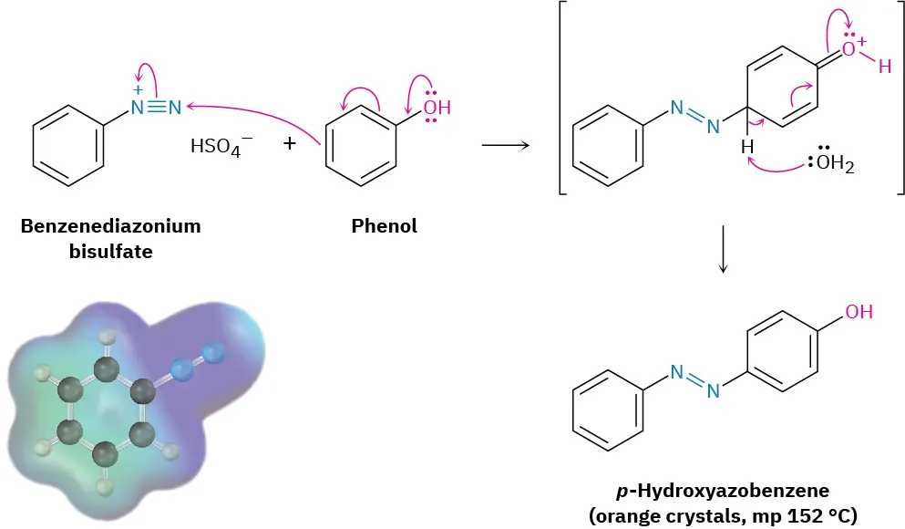 Benzenediazonium sulfate reacts with phenol to form an intermediate that reacts to form p-hydroxyazobenzene, orange crystals at 152 degree Celsius. The figure shows the electrostatic potential map of benzenediazonium sulfate.