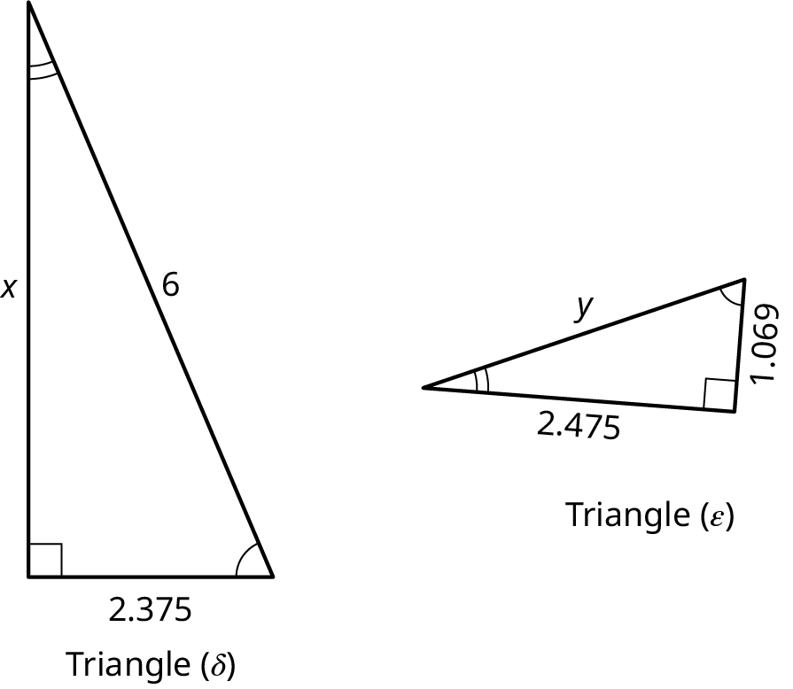 Two right triangles are labeled delta and epsilon. In the first triangle, the legs measure x and 2.375. The hypotenuse measures 6. In the second triangle, the legs measure 2.475 and 1.069. The hypotenuse measures y. The angles in both the triangles are congruent.