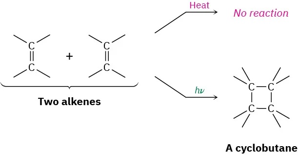 Two alkenes do not react (no reaction) in heat. Two alkenes react with light to form a cyclobutane.