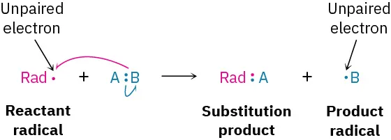 A radical reacts with single-bonded species AB to form single-bonded species Rad-A and a B radical.