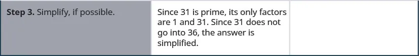 Step 3 is to simplify is possible. Since 31 is prime, its only factors are 1and 31. Since 31 does not go into 36, the answer is simplified.