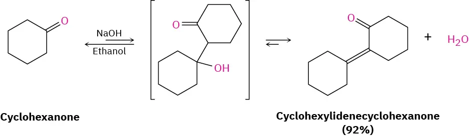 The reversible reaction of cyclohexanone with sodium hydroxide in the presence of ethanol forms a beta-hydroxy ketone intermediate shown in parenthesis. The further reaction leads to cyclohexylidenecyclohexanone (92%) and water.