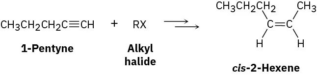 The figure shows 1-pentyne reacting with an alkyl halide RX to form cis-2-hexene.
