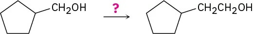 Cyclopentylmethanol reacts with unknown reagent(s) depicted by question mark to produce 2-cyclopentylethanol.