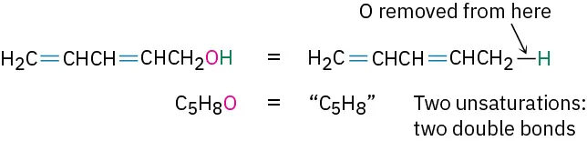 The structure of penta-2,4-diene-1-ol is shown as equivalently unsaturated to penta-1,3-diene. The formula C 5 H 8 O is shown as equivalently unsaturated to C 5 H 8.