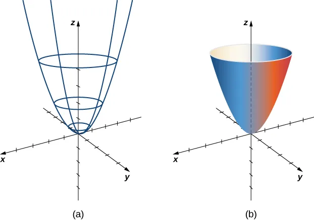 Dos imágenes en tres dimensiones. La primera muestra círculos paralelos en el eje z con radios que aumentan a medida que aumenta z. Las parábolas verticales que se abren enmarcan los círculos y forman el esqueleto de un paraboloide. La segunda muestra el paraboloide elíptico, que está formado por todos los círculos y parábolas verticales posibles en el dominio de parámetro.