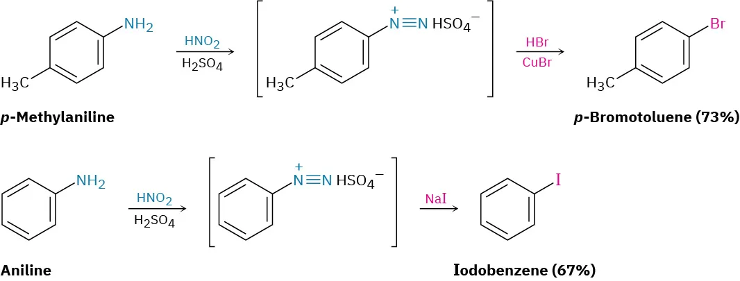 p-Methylaniline and aniline both undergo reactions with nitrous acid and sulfuric acid to form two different intermediates. The first intermediate forms p-bromotoluene and the second one forms iodobenzene.