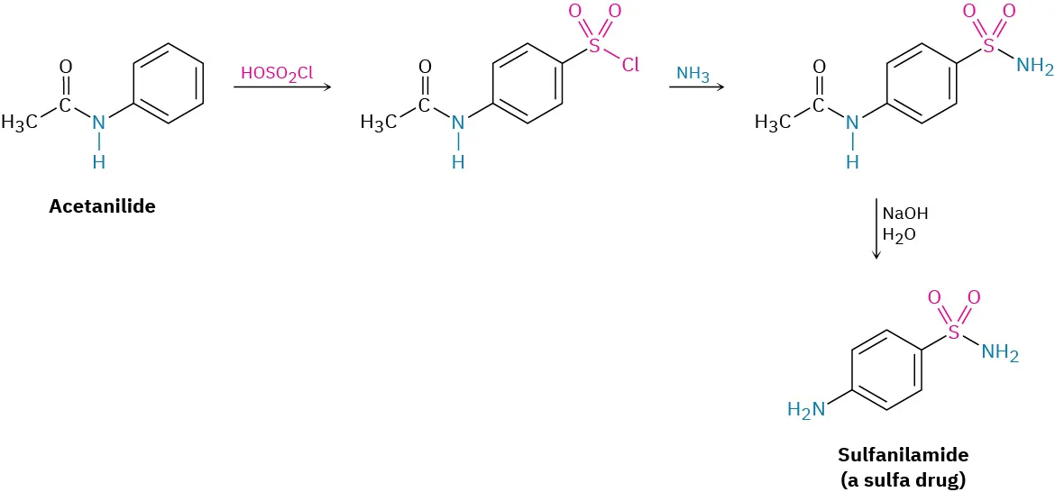 Acetanilide reacts with sulfurochloridic acid to form 4-acetamidobenzene-1-sulfonyl chloride. This reacts with ammonia to form N-(4-sulfamoylphenyl)acetamide. This reacts with sodium hydroxide and water to form sulfanilamide.