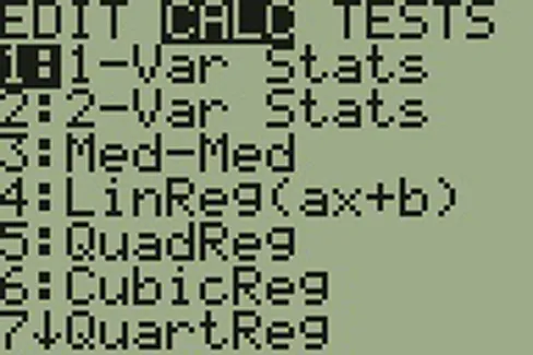 Figure 5 shows edit, calc, and tests. Calc is highlighted. It then shows the following options. 1: 1-var stats, 2: 2-var stats, 3: med-med, 4: LinReg (ax+b), 5: QuadReg, 6: CubicReg, 7 QuartReg.