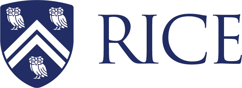 Rice University's blue shield with three white owls and chevrons next to the word "RICE" in bold blue letters, symbolizing academic tradition and prestige.