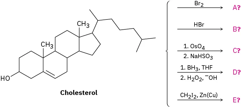 Cholesterol undergoes multiple reactions with different sets of reagents to form five different unknown product(s), labeled A through E.