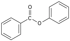 The structure of an ester is depicted. One benzene ring is single-bonded to carbonyl carbon single-bonded to oxygen single-bonded to benzene ring.