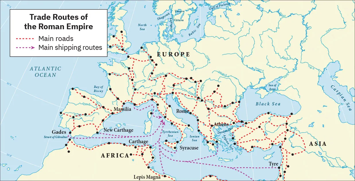 A map is shown with land highlighted beige and water highlighted blue. Europe is labelled in the north, Africa is labelled in the south, and Asia is labelled in the southeast. The Baltic Sea, the Gulf of Finland, Skagerrak, Kattegat, Vanern, Vattern, and the North Sea are labelled in the north of the map. The Atlantic Ocean, the Bay of Biscay, and the Strait of Gibraltar are labelled in the east. The Black Sea, the Sea of Azov, and the Caspian Sea are labelled in the east. The Tyrrhenian Sea, the Ionian Sea, the Aegean Sea, and the Dardanelles are labelled in the south of the map. Black dots litter the map indicating cities, with these labelled from west to east: Gades, New Carthage, Massilia, Carthage, Lepis Magna, Syracuse, Rome, Athens, and Tyre. Dashed lines crisscross the map connecting the cities and Sea routes crisscross the waters connecting the cities. “Main roads” are labelled with dotted red lines and “Main shipping routes” are labelled with dotted purple lines.