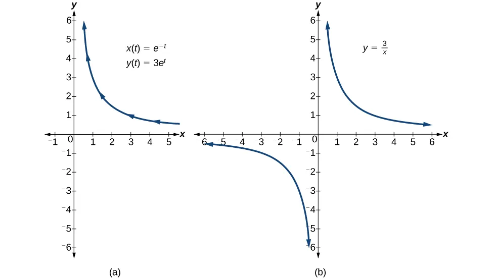 Graph of the parametric equation with domain restricted to t>0, and a graph of that parametric equation in polar coordinates with domain only restricted to x not equal to 0. The Cartesian coordinate version has an extra reflection of the function across the origin in Q 3 (original was just in Q 1). 
