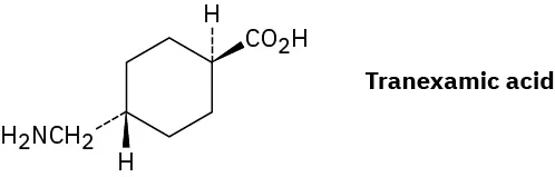 The structure of tranexamic acid comprises of a cyclohexane ring wedge-bonded to a carboxylic acid group and dash-bonded to hydrogen at C 1, and wedge-bonded to hydrogen and dash-bonded to methylamine at C 4.