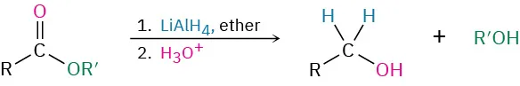 An ester is reduced to an alcohol using lithium aluminum hydride in ether followed by treatment with acid.