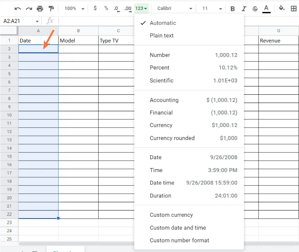 Column A is selected on a spreadsheet. The 123 button opens to selection including the selected Automatic.