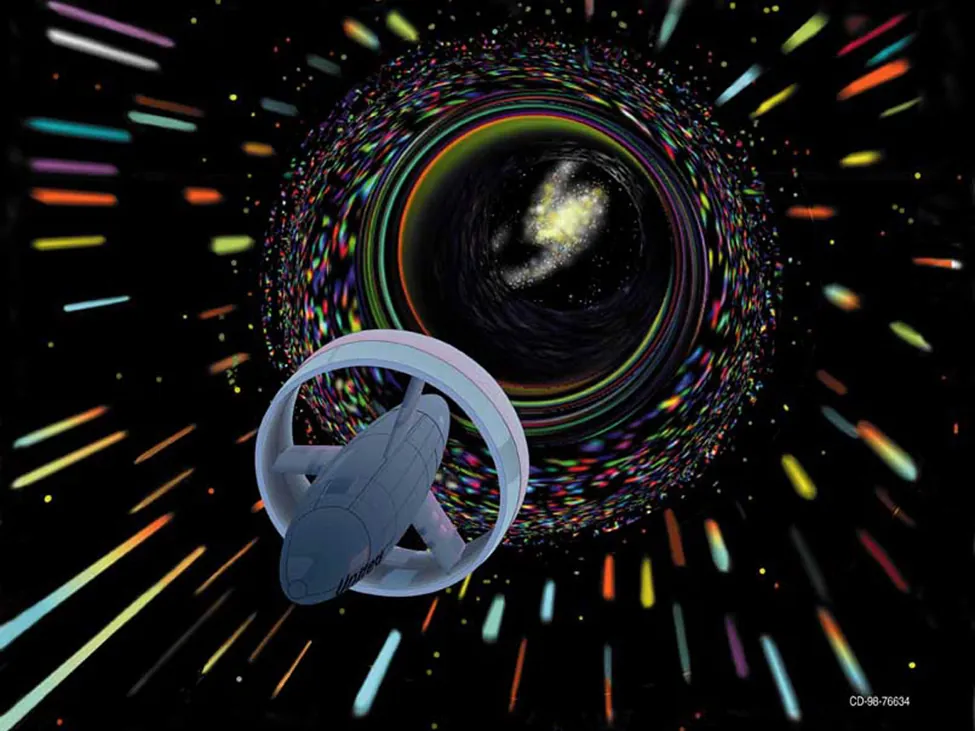 Una imagen de una nave espacial futurista atravesando el espacio sideral a toda velocidad.
