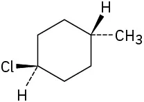 In a cyclohexane ring, C1 is wedge bonded to chlorine and dash bonded to hydrogen. C4 is wedge bonded to hydrogen and dash bonded to methyl group.