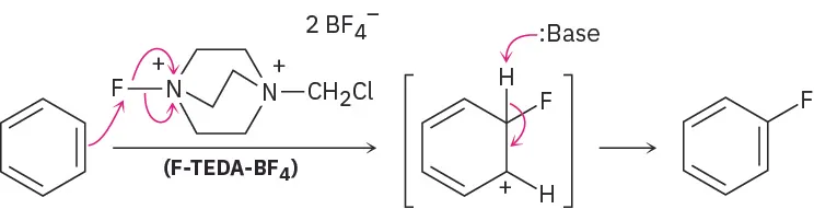 Two-step reaction shows benzene reacting with F-T E D A-B F 4. Cation intermediate (fluorine on s p 3 carbon adjacent to carbocation) is deprotonated by base to fluorobenzene.