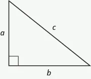 A right triangle is shown. The right angle is marked with a box. Across from the box is side c. The sides touching the right angle are marked a and b.