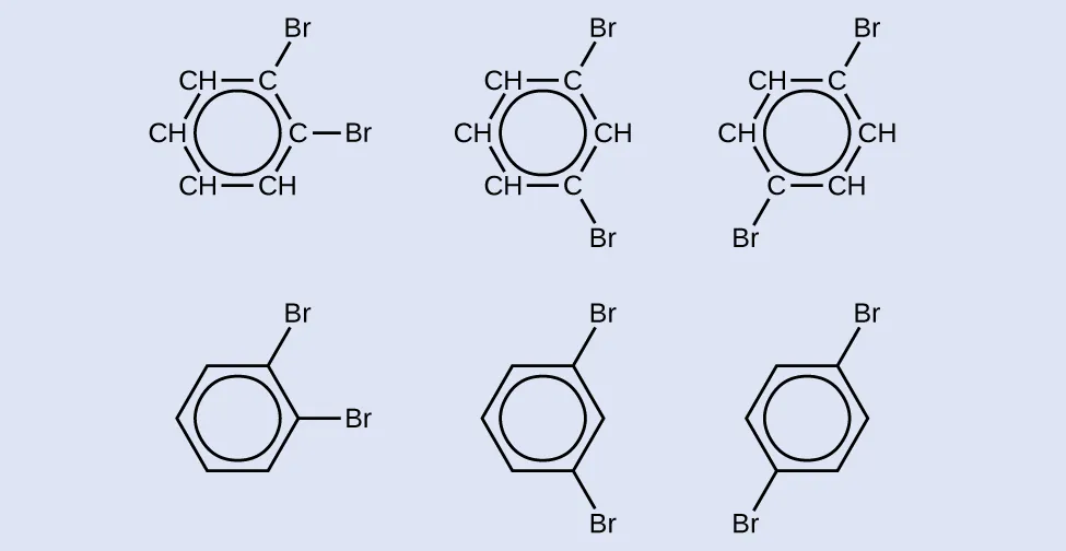 Three pairs of structural formulas are shown. The first has a six carbon hydrocarbon ring in which four of the C atoms are each bonded to only one H atom. At the upper right and right of the ring, the two C atoms that do not have bonded H atoms have one B r atom bonded each. A circle is at the center of the ring. Beneath this structure, a similar structure is shown which has a hexagon with a circle inside. From vertices of the hexagon at the upper right and right single B r atoms are attached. The second has a six carbon hydrocarbon ring in which four of the C atoms are each bonded to only one H atom. At the upper right and lower right of the ring, the two C atoms that do not have bonded H atoms have a single B r atom bonded each. A circle is at the center of the ring. Beneath this structure, a similar structure is shown which has a hexagon with a circle inside. From vertices of the hexagon at the upper right and lower right single B r atoms are attached. The third has a six carbon hydrocarbon ring in which four of the C atoms are each bonded to only one H atom. At the upper right and lower left of the ring, the two C atoms that do not have bonded H atoms have B r atoms bonded. A circle is at the center of the ring. Beneath this structure, a similar structure is shown which has a hexagon with a circle inside. From vertices of the hexagon at the upper right and lower left, single B r atoms are attached.
