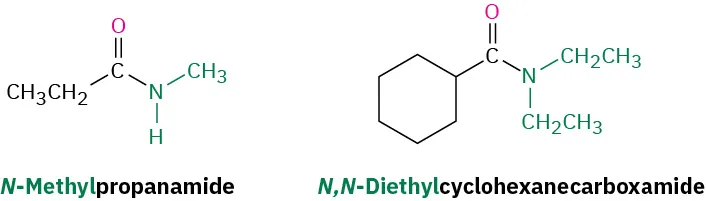 The structures of a secondary and a tertiary amide. The first structure is N-methylpropanamide and the second is N, N-diethylcyclohexanecarboxamide.