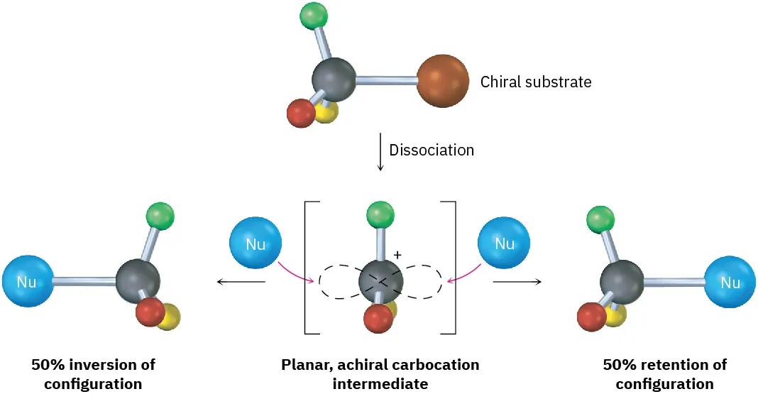 The reaction is represented using ball-and-stick model. Chiral substrate undergoes dissociation to form a planar, achiral carbocation intermediate, which reacts with nucleophile to produce 50% inversion or 50% retention of configurations.