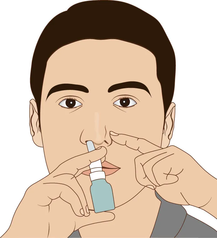 Illustration of person holding nasal medication bottle with one hand toward one nostril and closing off their other nostril with their other hand.