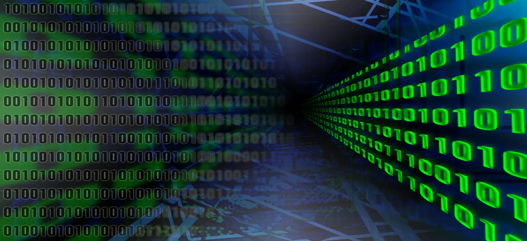 Image of binary code in green on blue background.