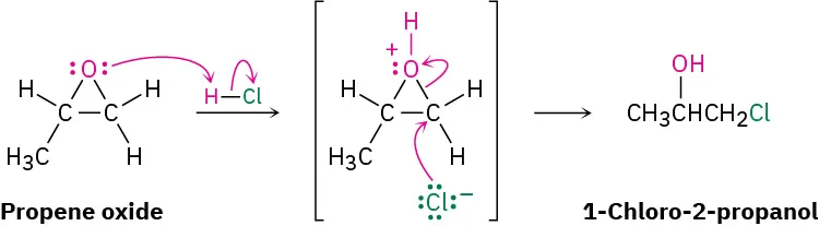 A reaction mechanism of propene oxide with hydrogen chloride produces a protonated epoxide intermediate, which reacts by S N 2 to form 1-chloro-2-propanol.