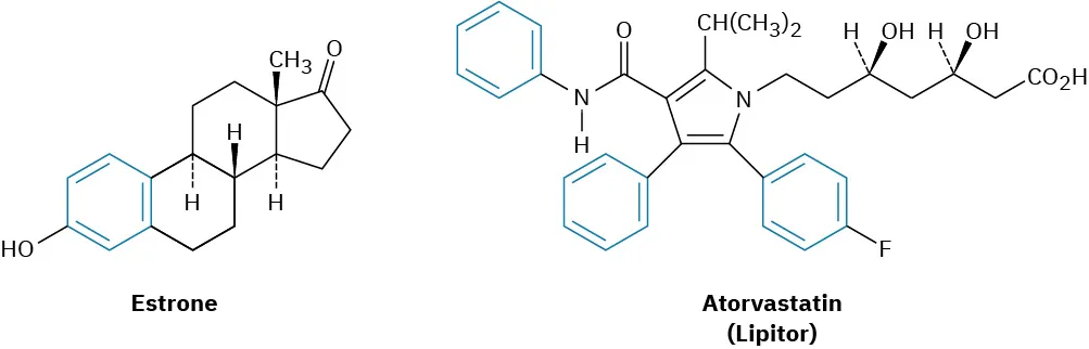 The wedge-dash structures of estrone and atorvastatin (Lipitor).