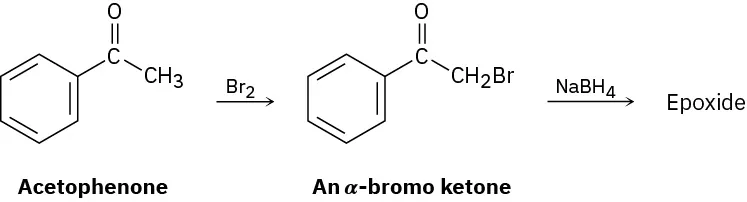 Acetophenone reacts with bromine to yield alpha-bromo acetophenone; subsequent treatment with sodium borohydride results in an epoxide with unknown structure.