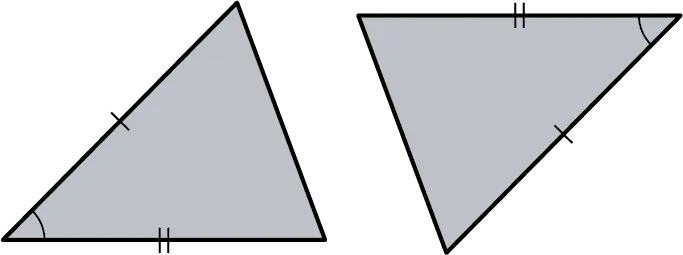 Two triangles. The bottom-left of the first triangle is congruent with the top-right angle of the second triangle. The left side of the first triangle is congruent with the right side of the second triangle. The bottom side of the first triangle is congruent with the top side of the second triangle.
