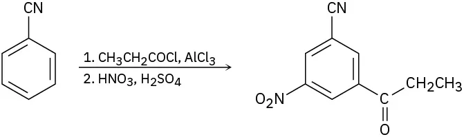 Benzonitrile reacts with propanoyl chloride in the presence of aluminum trichloride followed by nitric acid in the presence of sulfuric acid to form a trisubstituted benzene ring bearing a cyano, a nitro, and an acyl group.