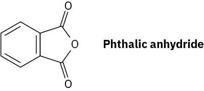The structure shows phthalic anhydride where a benzene ring is fused with a cyclopentane-2,5-dione ring where the carbon atom in between the carbonyl groups is replaced by an oxygen atom.