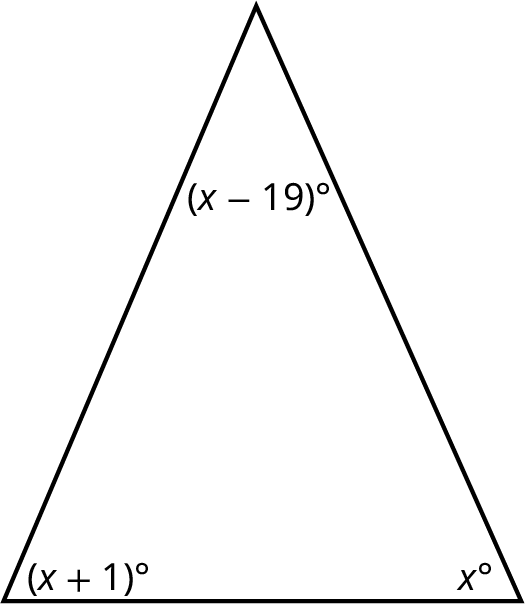 A triangle with its angles marked x degrees, (x plus 1) degrees, and (x minus 19) degrees.