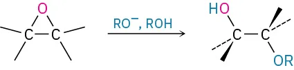 Ethylene oxide reacts with a strong base (R O minus) and an alcohol (R O H), to form an ether compound. Stereochemistry is specified.
