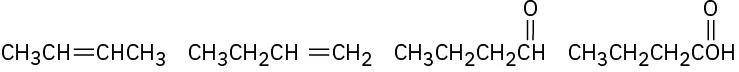 The chemical structures of 2-butene, 1-butene, butanal, and butanoic acid.