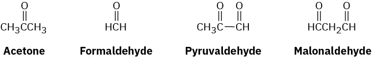 The structures of acetone, formaldehyde, pyruvaldehyde, and malonaldehyde.